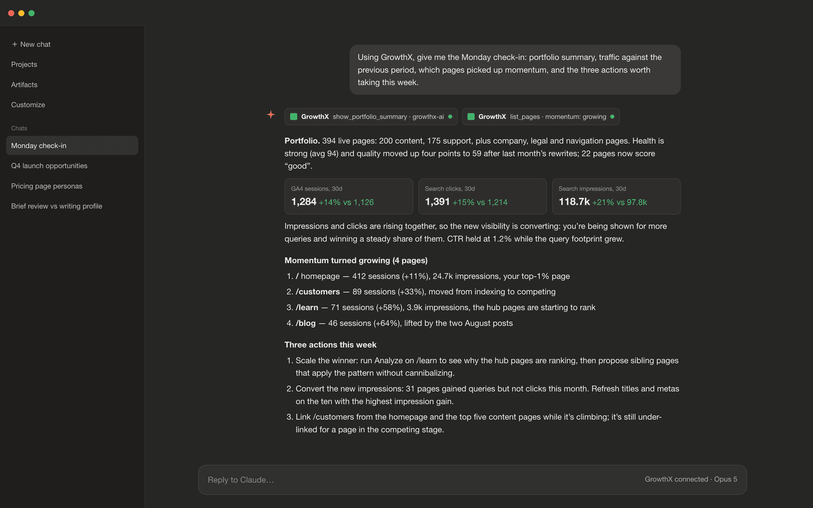 A Claude chat running the Monday check-in against a connected GrowthX workspace: portfolio summary, traffic versus the prior period, pages whose momentum turned growing, and three actions for the week