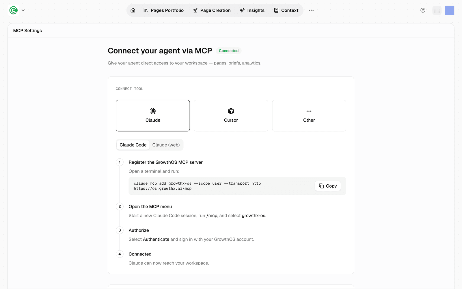 The MCP Settings page in the GrowthX platform: pick Claude, Cursor or another tool, copy the connection URL, and the page shows a Connected badge once the first request lands