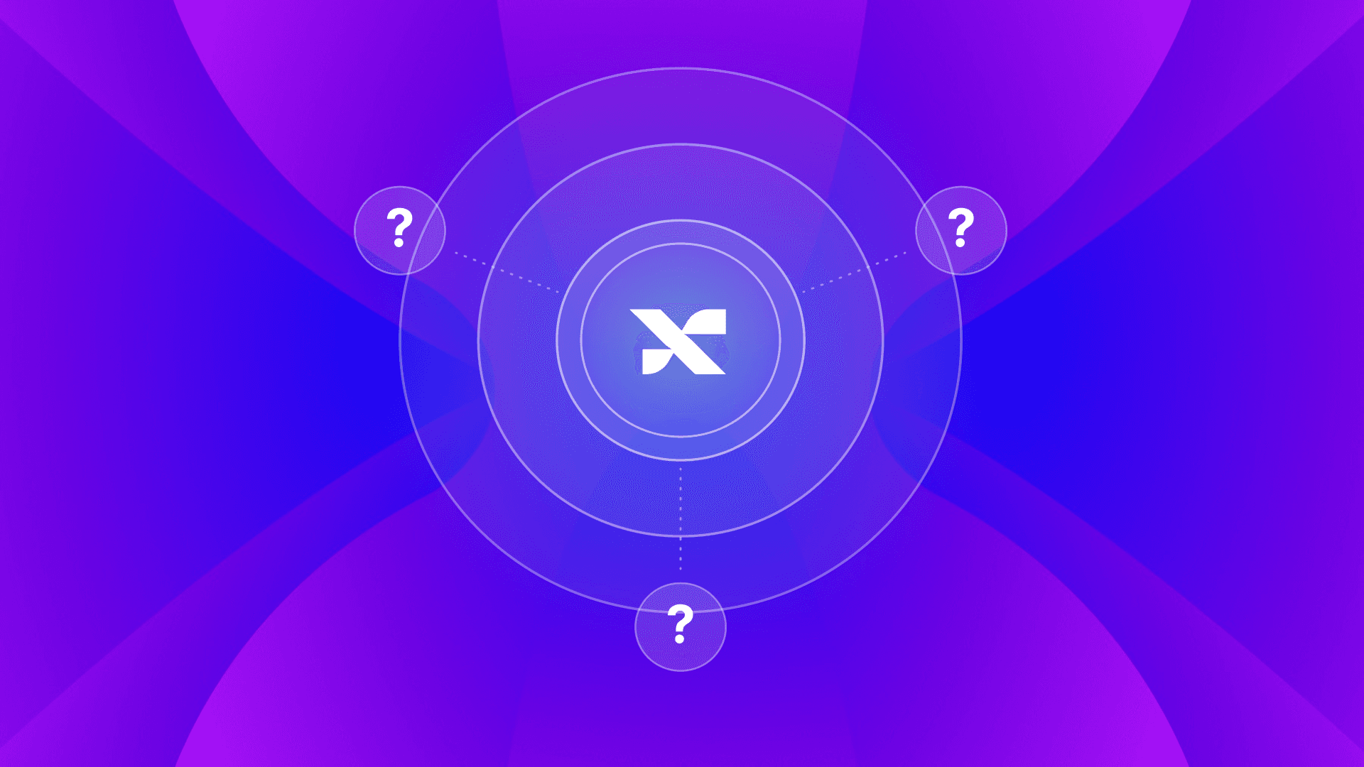 Three question marks on dotted paths circling inward toward the GrowthX mark at the centre of a set of concentric rings, on a purple and blue gradient