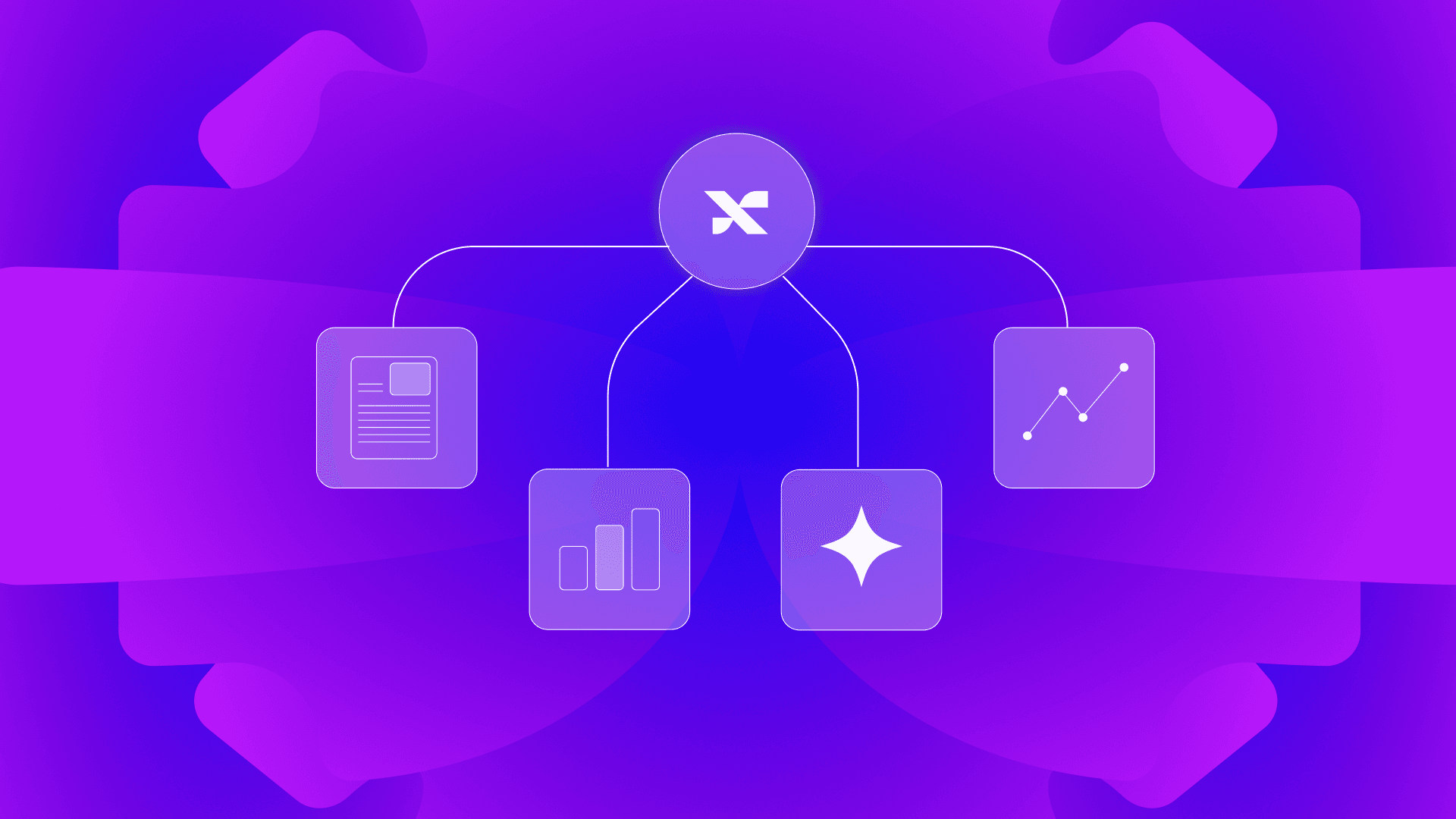 GrowthX X-mark connected by curved lines to document, bar-chart, sparkle, and line-chart tiles