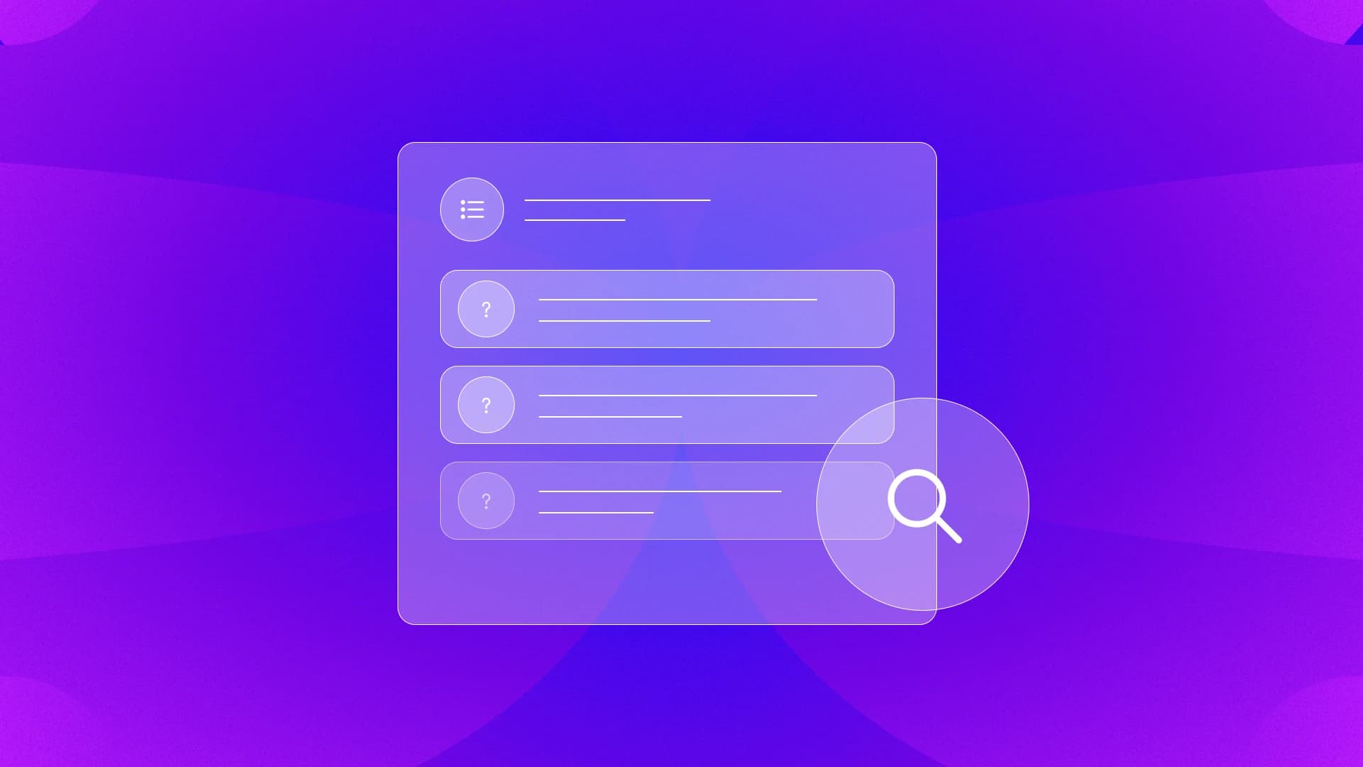 A large search badge over a glass card listing three questions, one still faded, on a purple gradient
