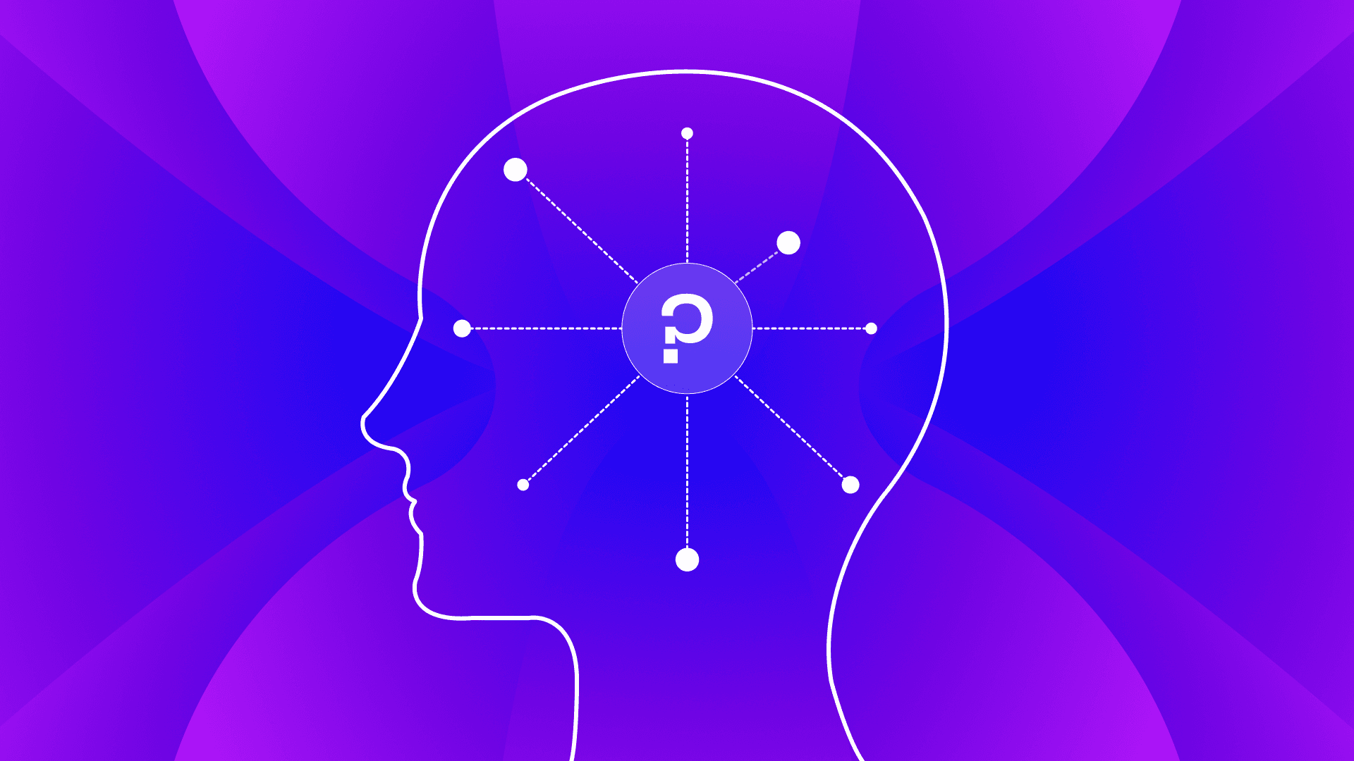 A head in white outline on a purple gradient, with a question mark at its centre connected by dotted lines to eight surrounding points