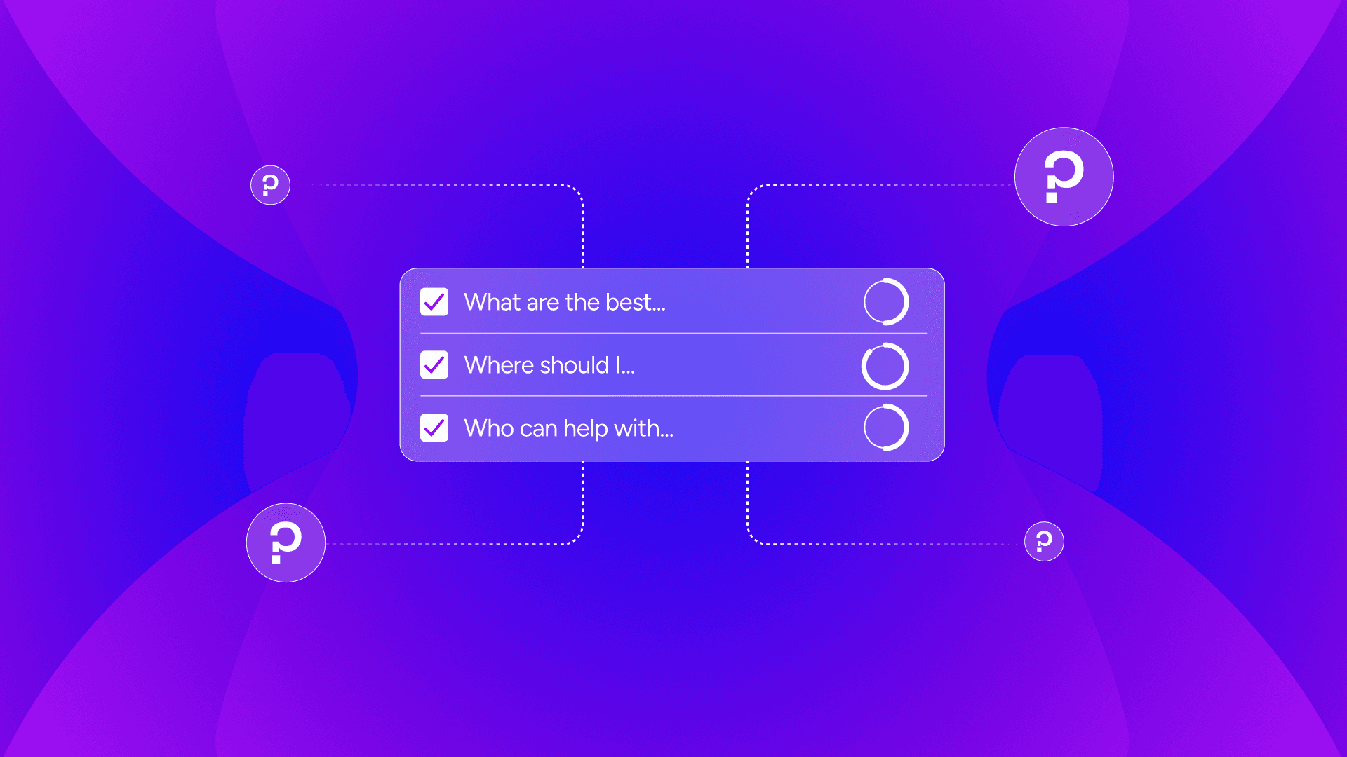A checklist of three buyer questions at the centre of a purple gradient, connected by dotted paths to question mark badges