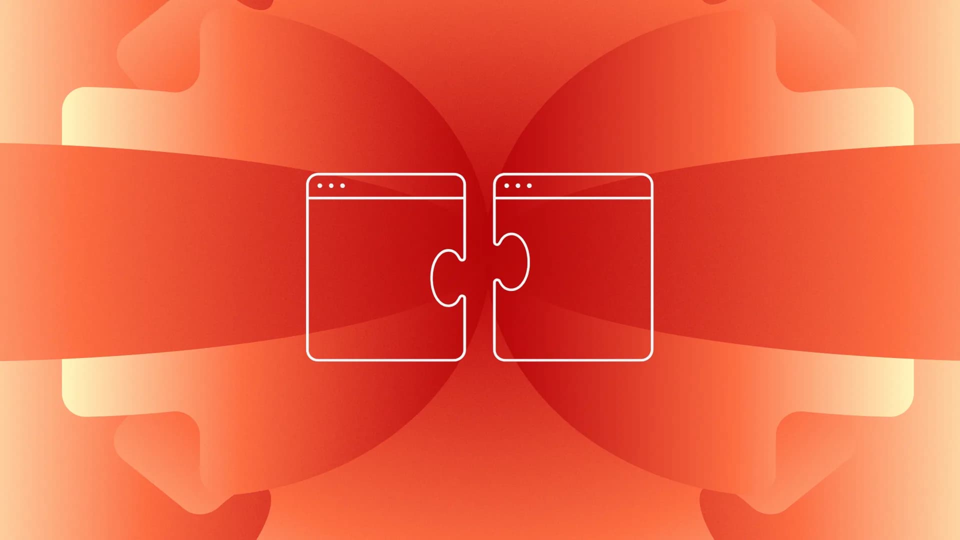 Two outlined browser windows drawn as interlocking puzzle pieces on a red and orange gradient background.