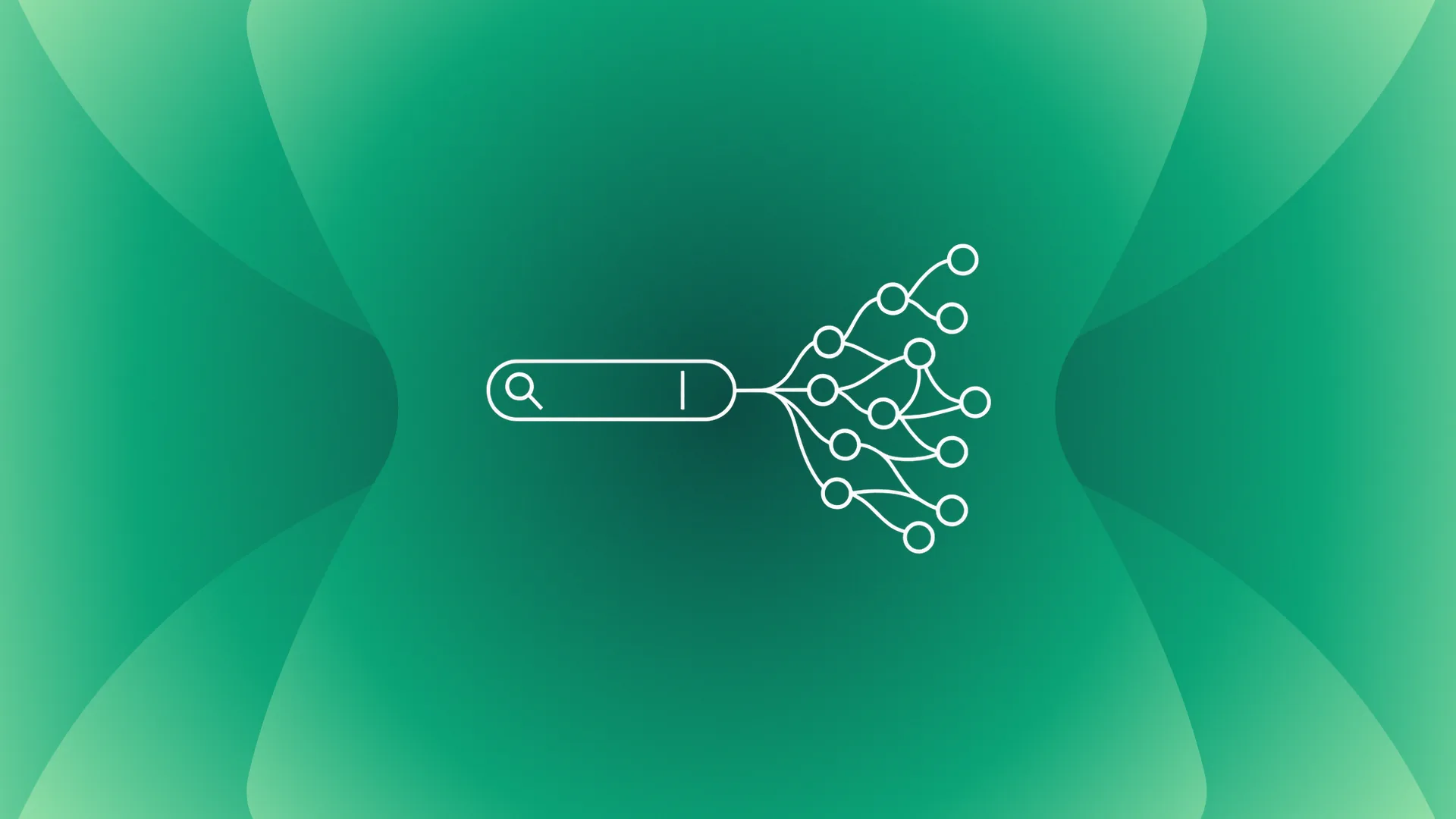 A search bar fanning out into a branching tree of sub-queries, drawn in white line art on a green gradient background.