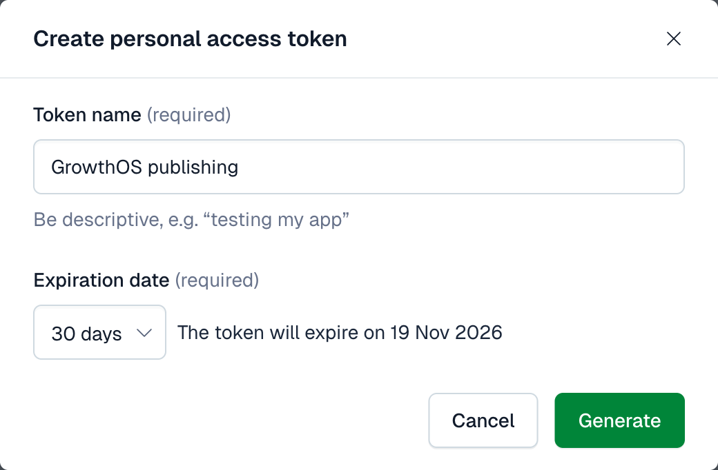 Contentful's Create personal access token dialog with the token name GrowthOS publishing and an expiration of 30 days