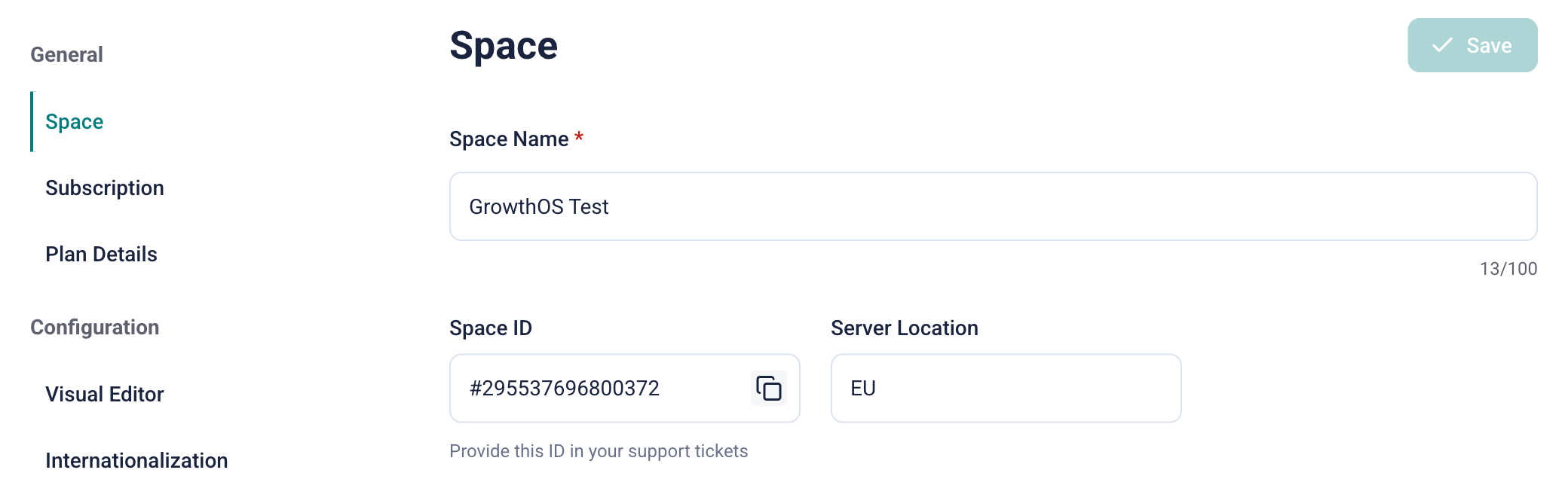 Storyblok's Settings → Space screen showing the Space ID with a leading # and the Server Location field set to EU