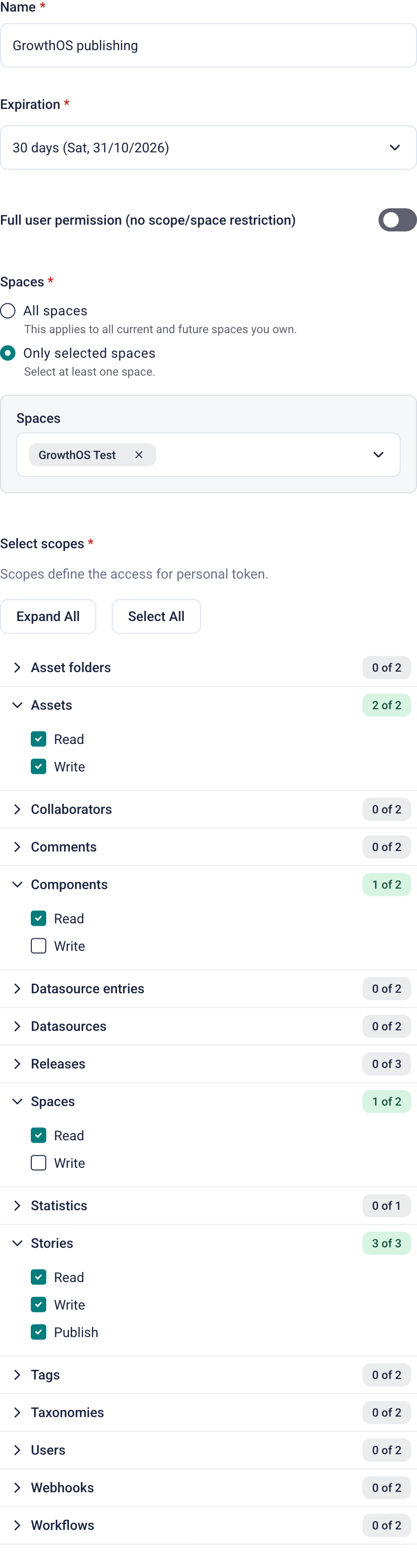 Storyblok's Generate New Token panel with Only selected spaces chosen and Read, Write, and Publish ticked under Stories, Read and Write under Assets, and Read under Components and Spaces
