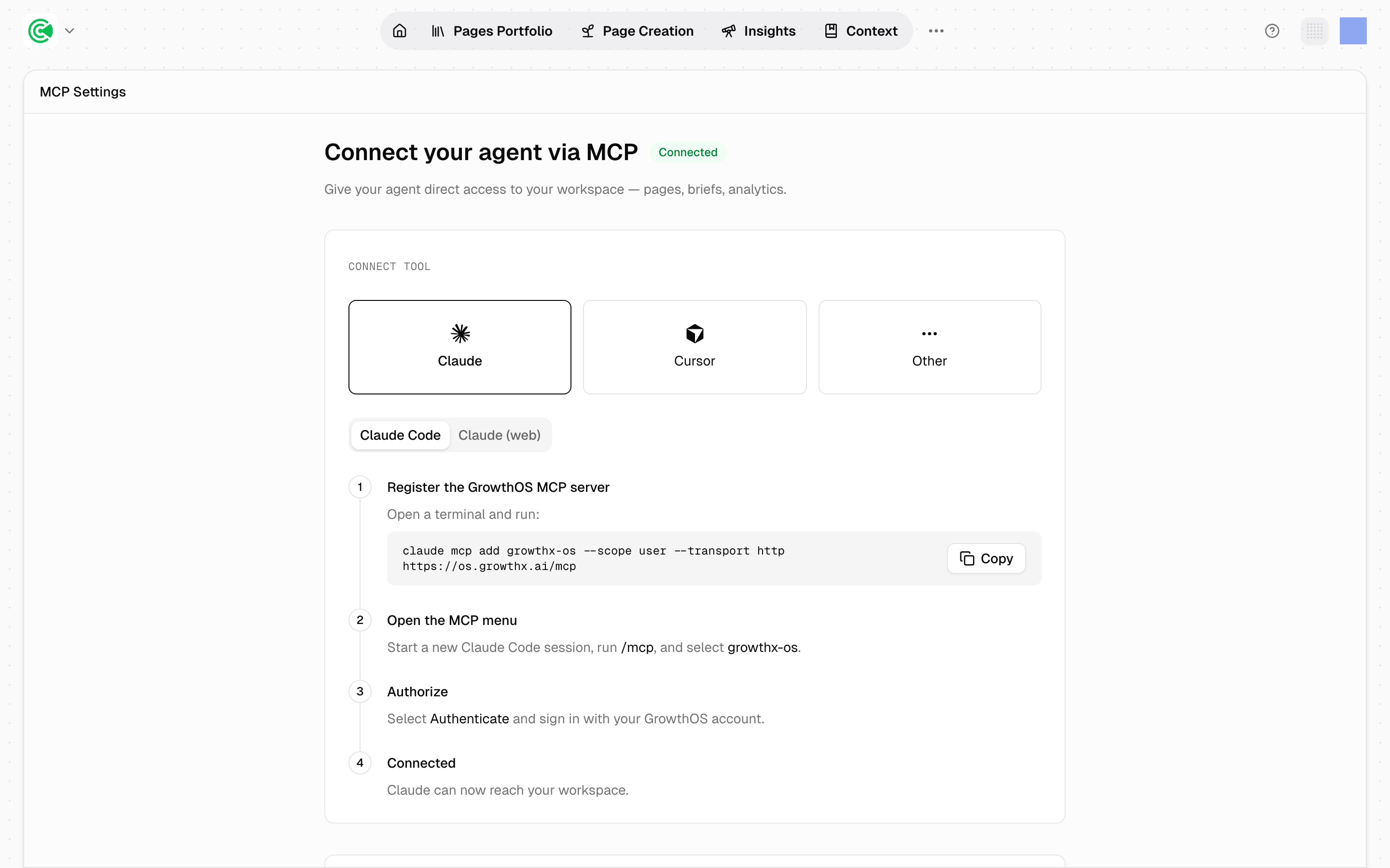 MCP connection setup, per client