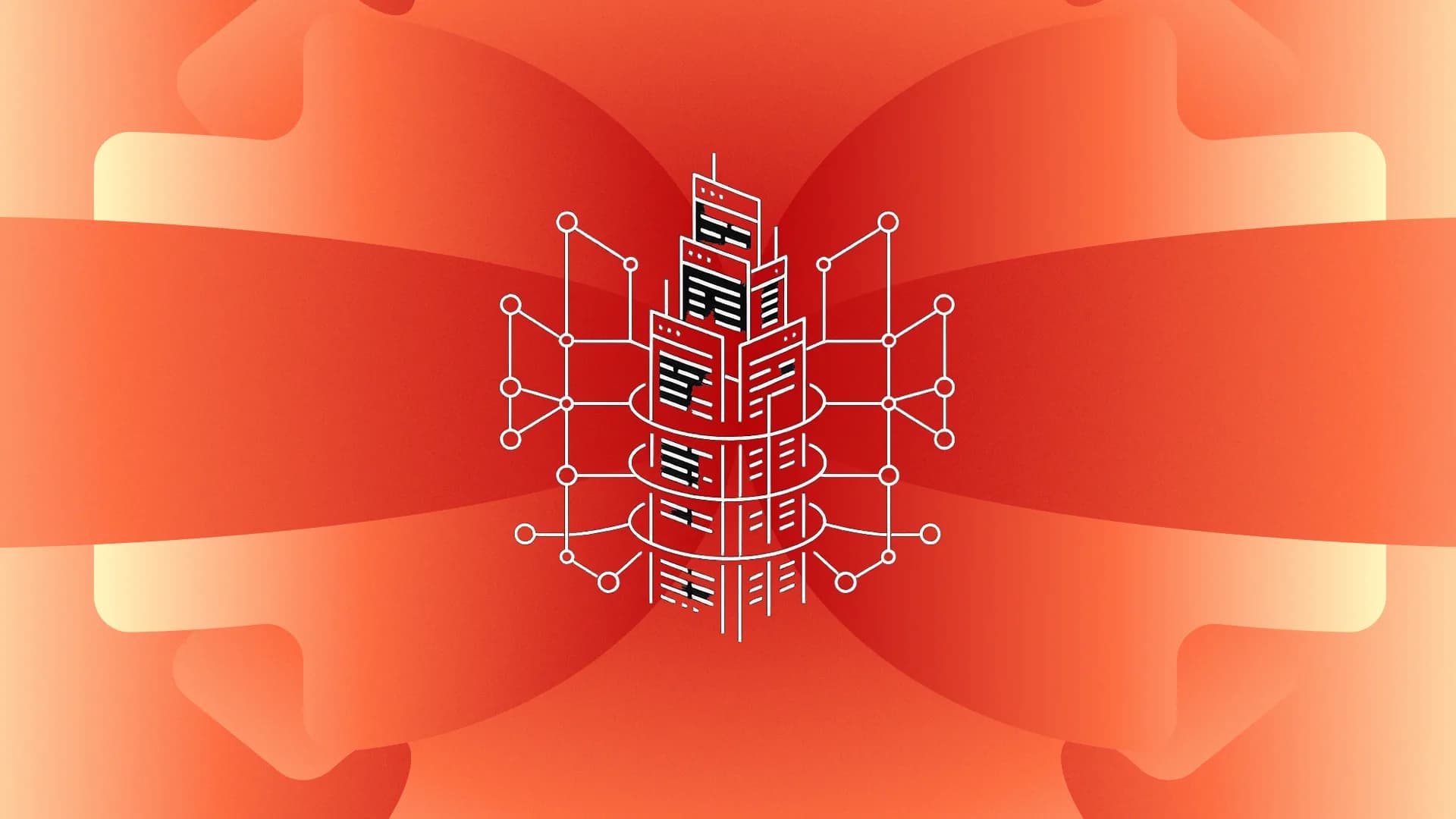 White line drawing of a tower of stacked web pages wired to a grid of connected nodes on an orange background.